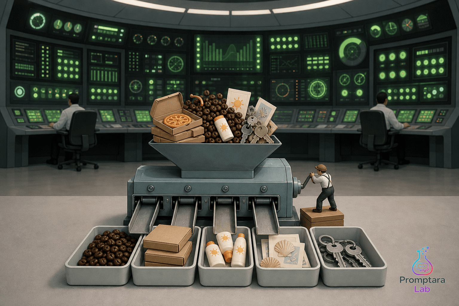 A polished control room ignored while a tiny sorter separates product-specific topic cards into plain trays