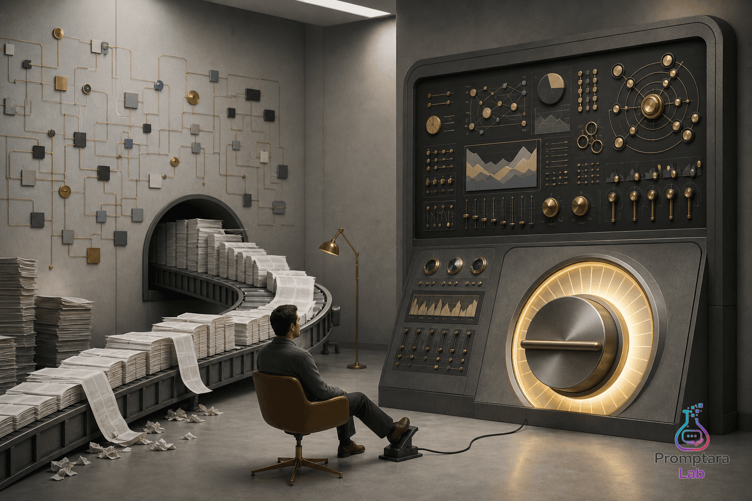 A polished control room with one tiny hand labeled stop quietly preventing a wall of useless output