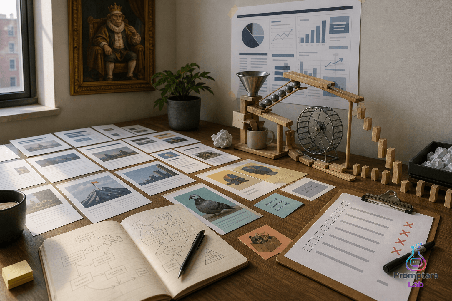 A founder desk with article cards, draft notes, and small product surfaces arranged for review