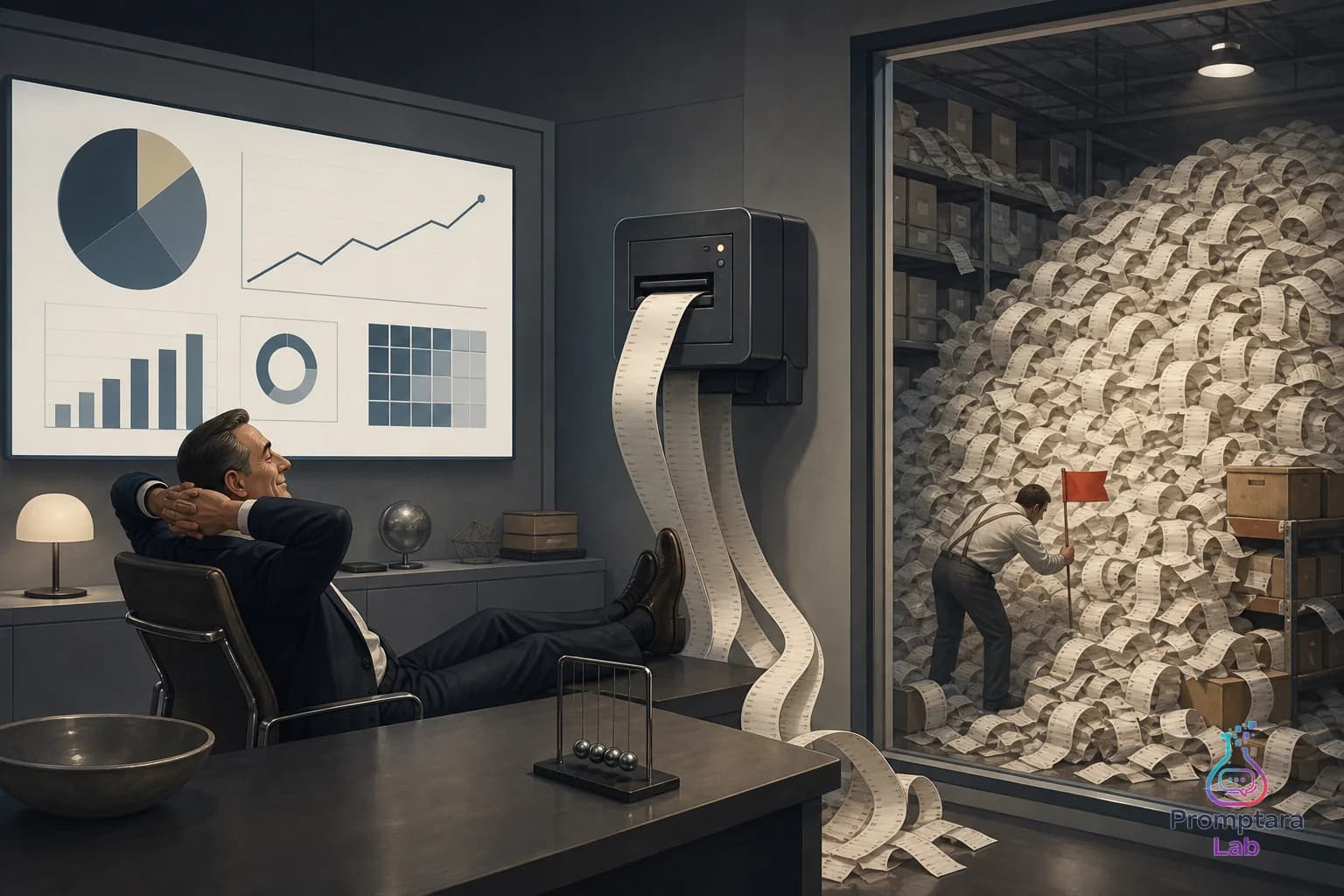 A polished dashboard printing stacks of paper while a tiny checklist quietly blocks the pile from growing