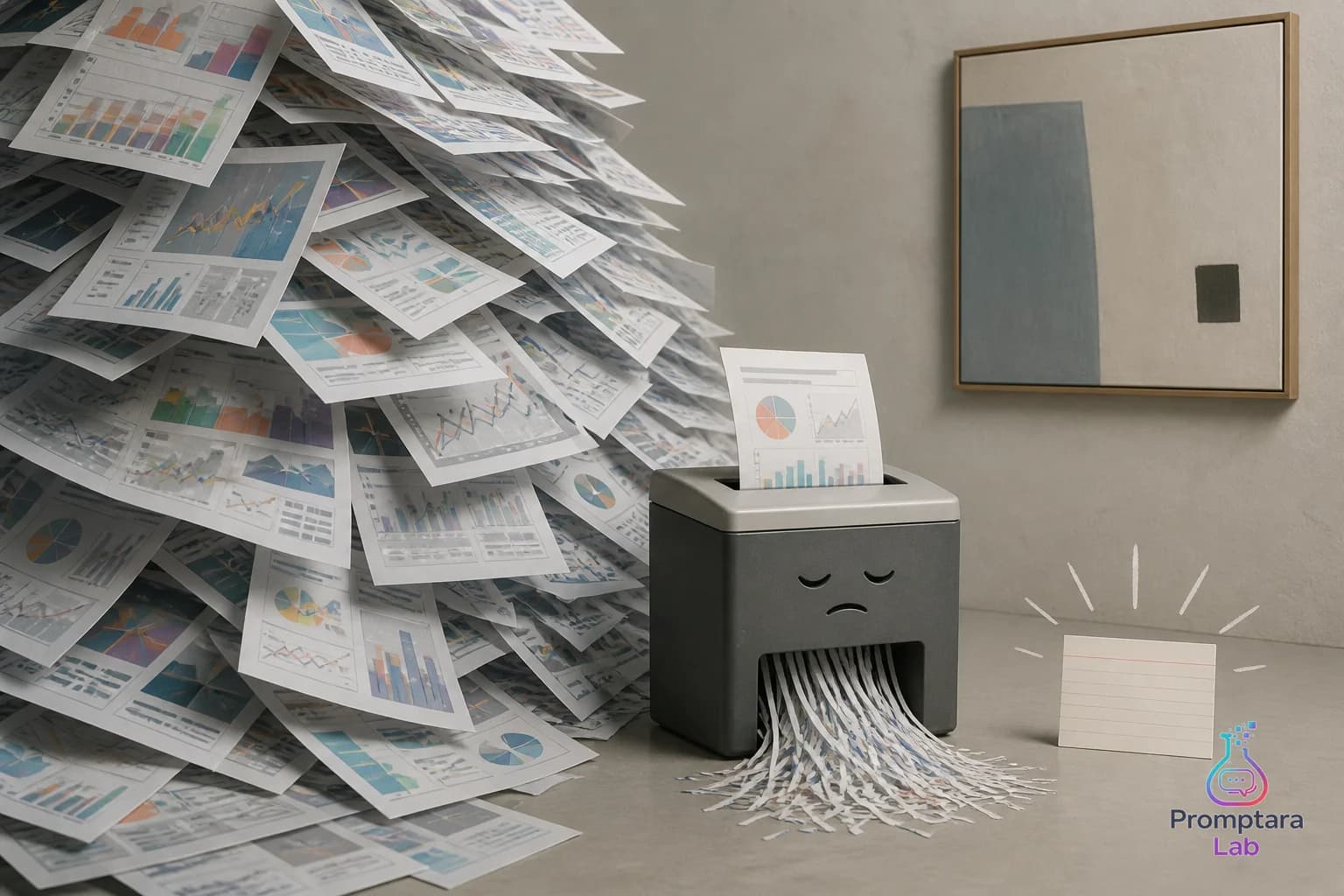 A tiny paper shredder calmly rejecting a huge stack of polished dashboard printouts