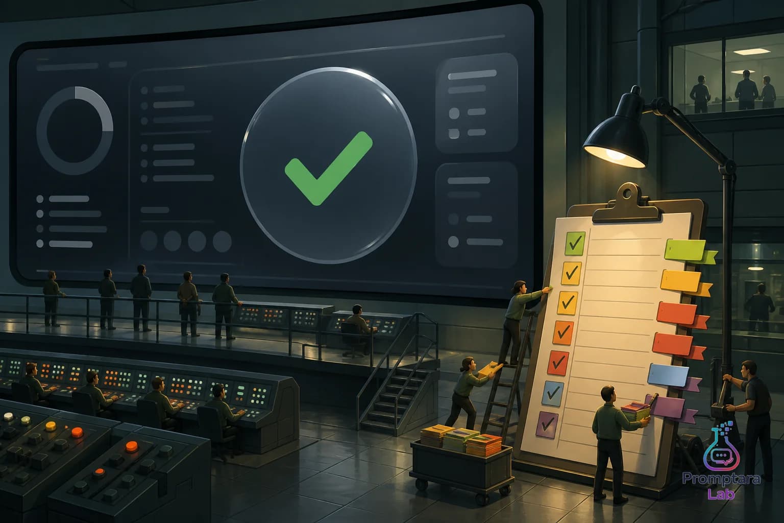 A tiny labeled clipboard correcting a giant glossy dashboard with one vague green check