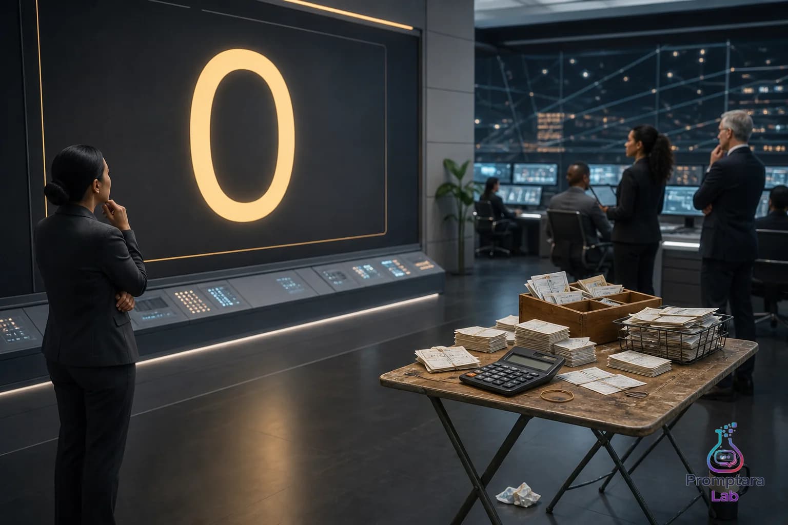 A polished control room dashboard showing one giant number while a small messy side table holds the useful evidence