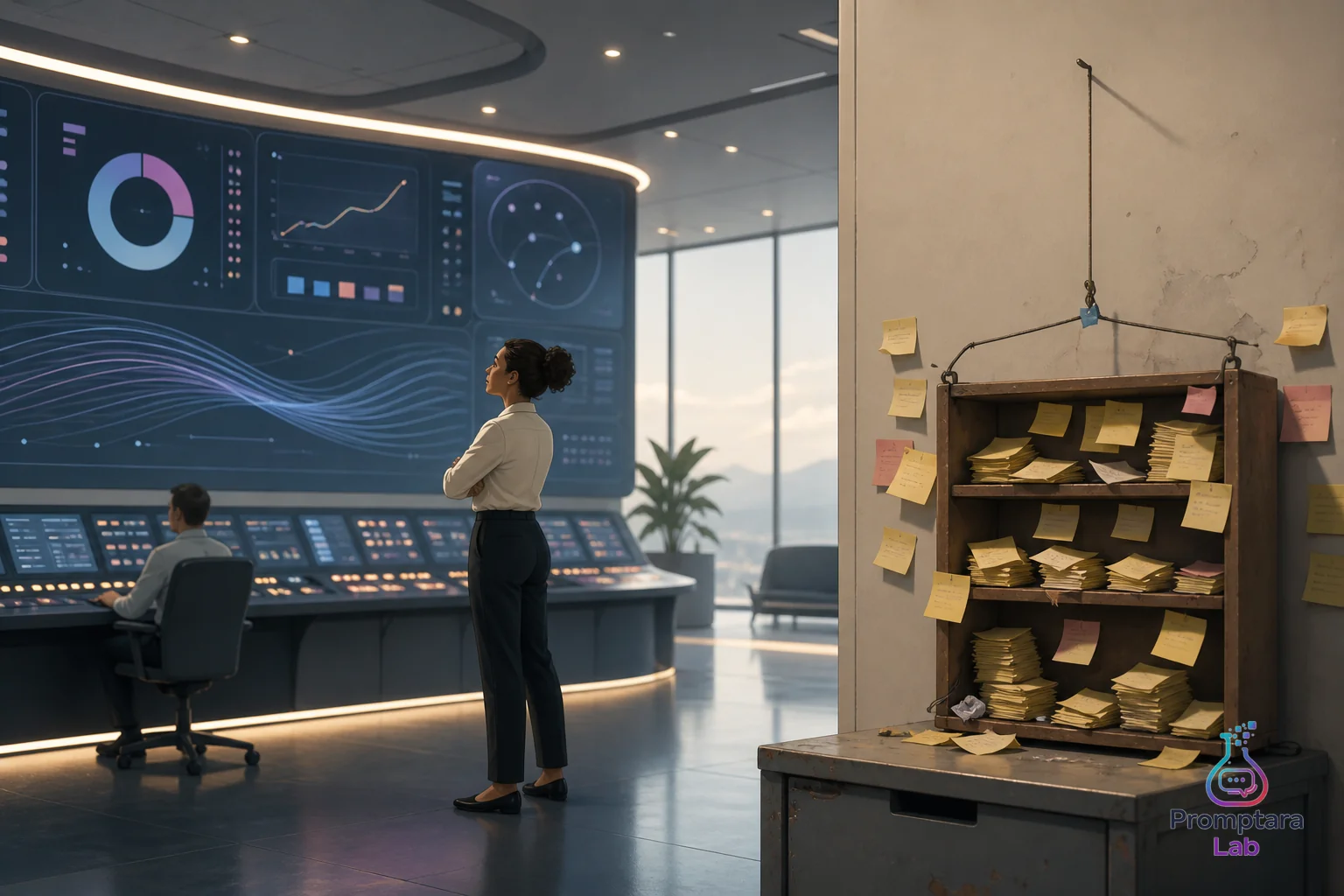 A polished control room dashboard beside a tiny shelf of expired sticky notes marked for review