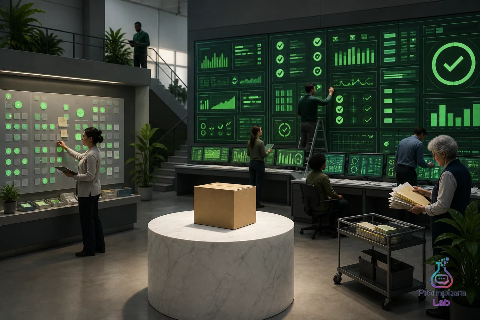 A polished control room dashboard glowing beside a small untouched product box