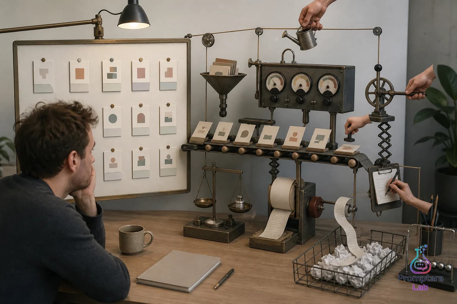 Minimal desk scene with portfolio cards, meters, and review notes arranged for inspection