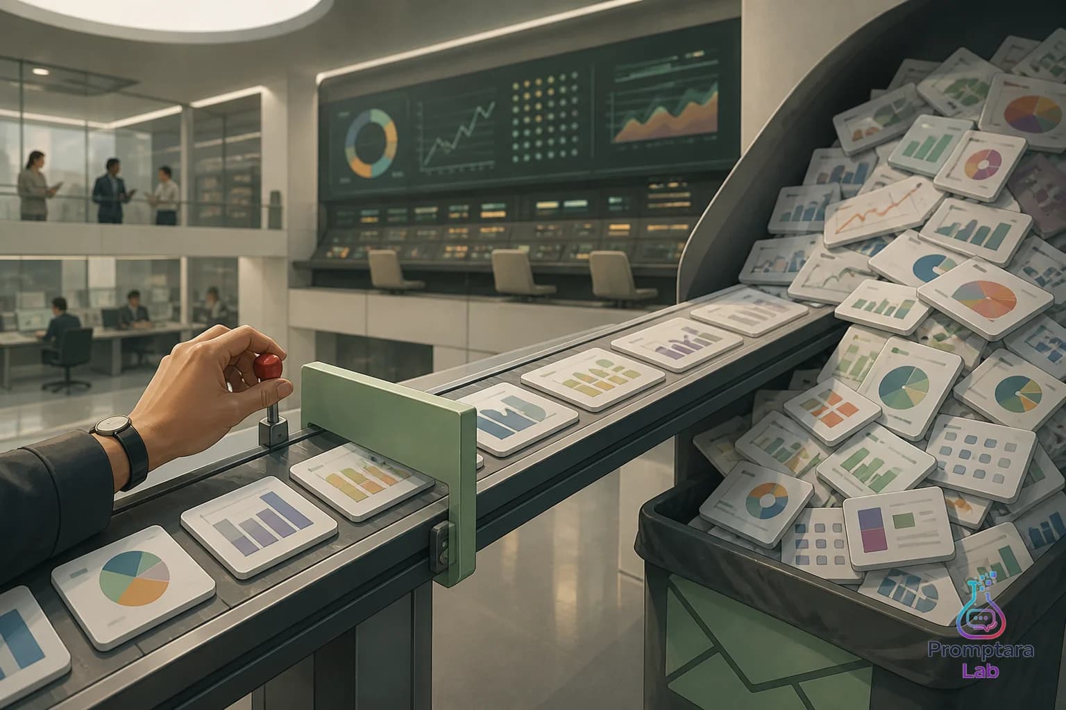 A tiny manual gate stopping a conveyor belt of neat dashboard cards from dumping into an overflowing inbox