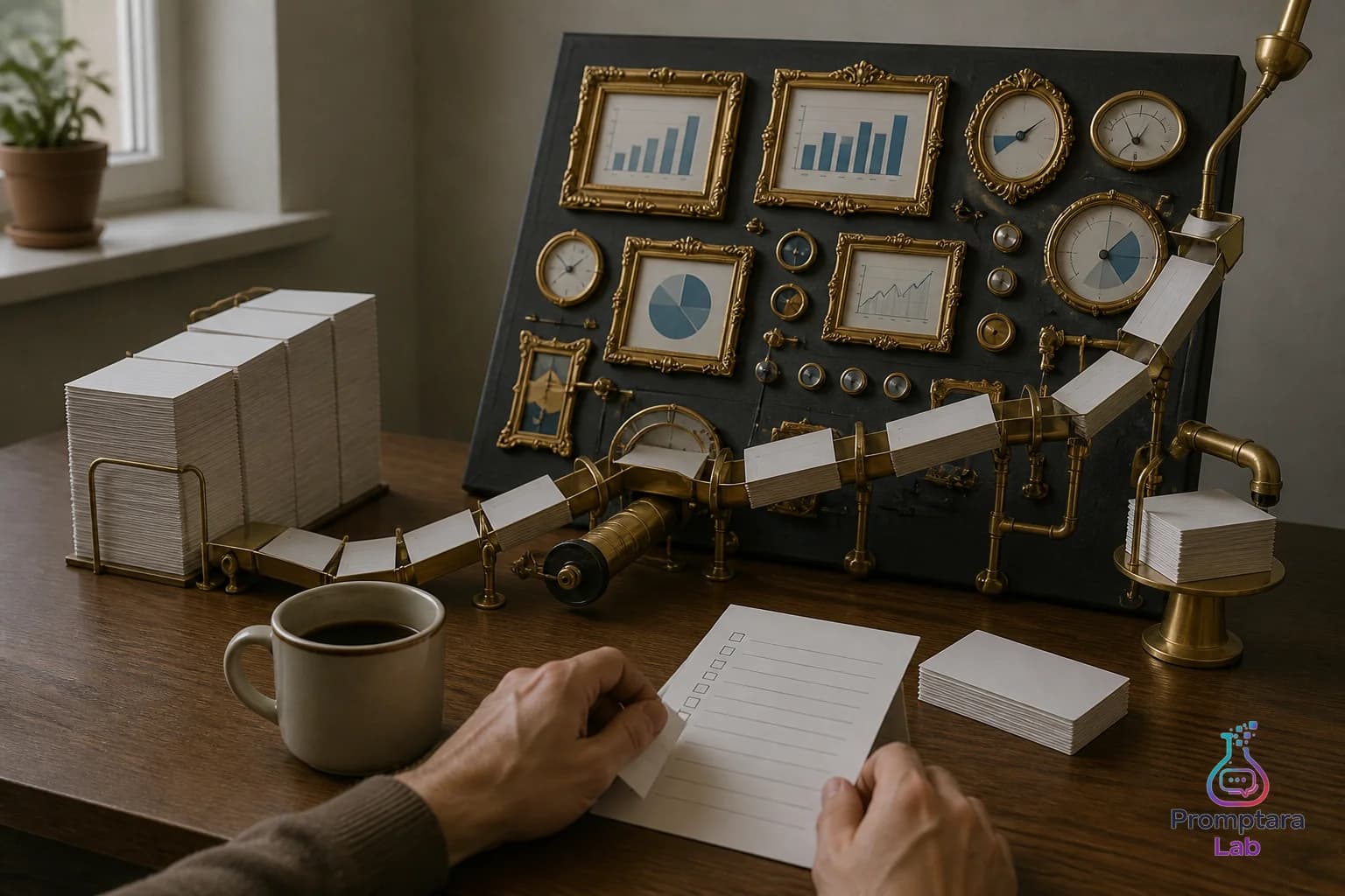 Desk with small stacks of signal notes and a simple review checklist