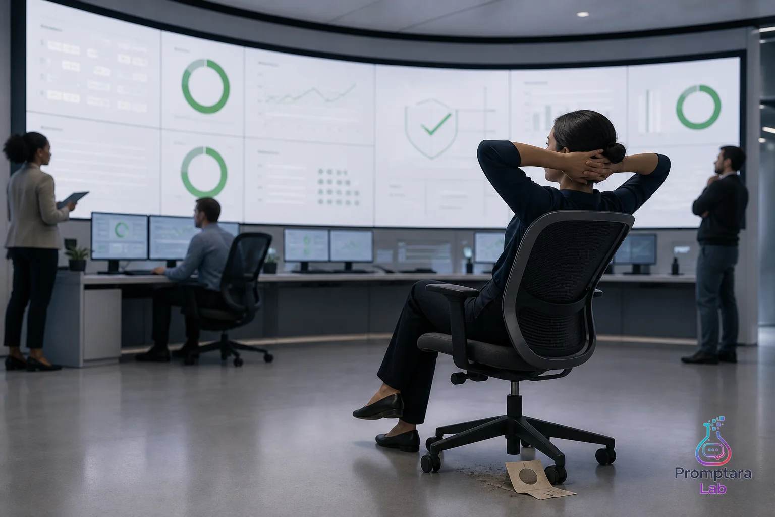 A polished control room ignoring a small unchanged queue ticket taped to the wall