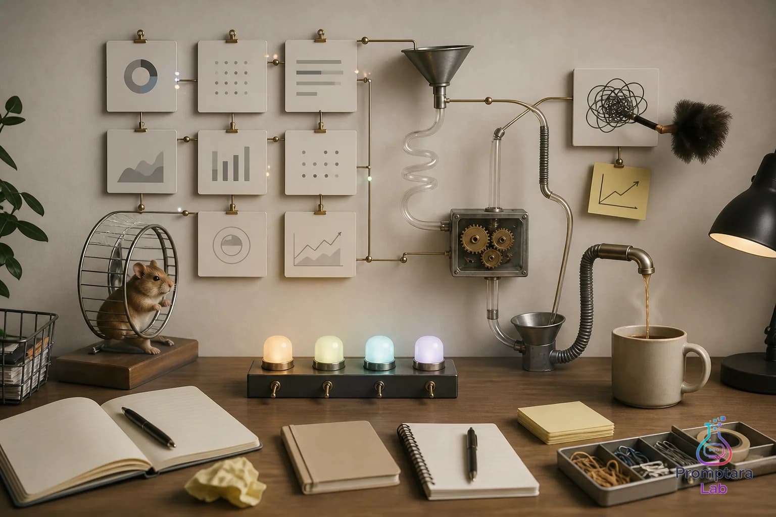 Minimal desk scene with small product cards, quiet meters, and review notes