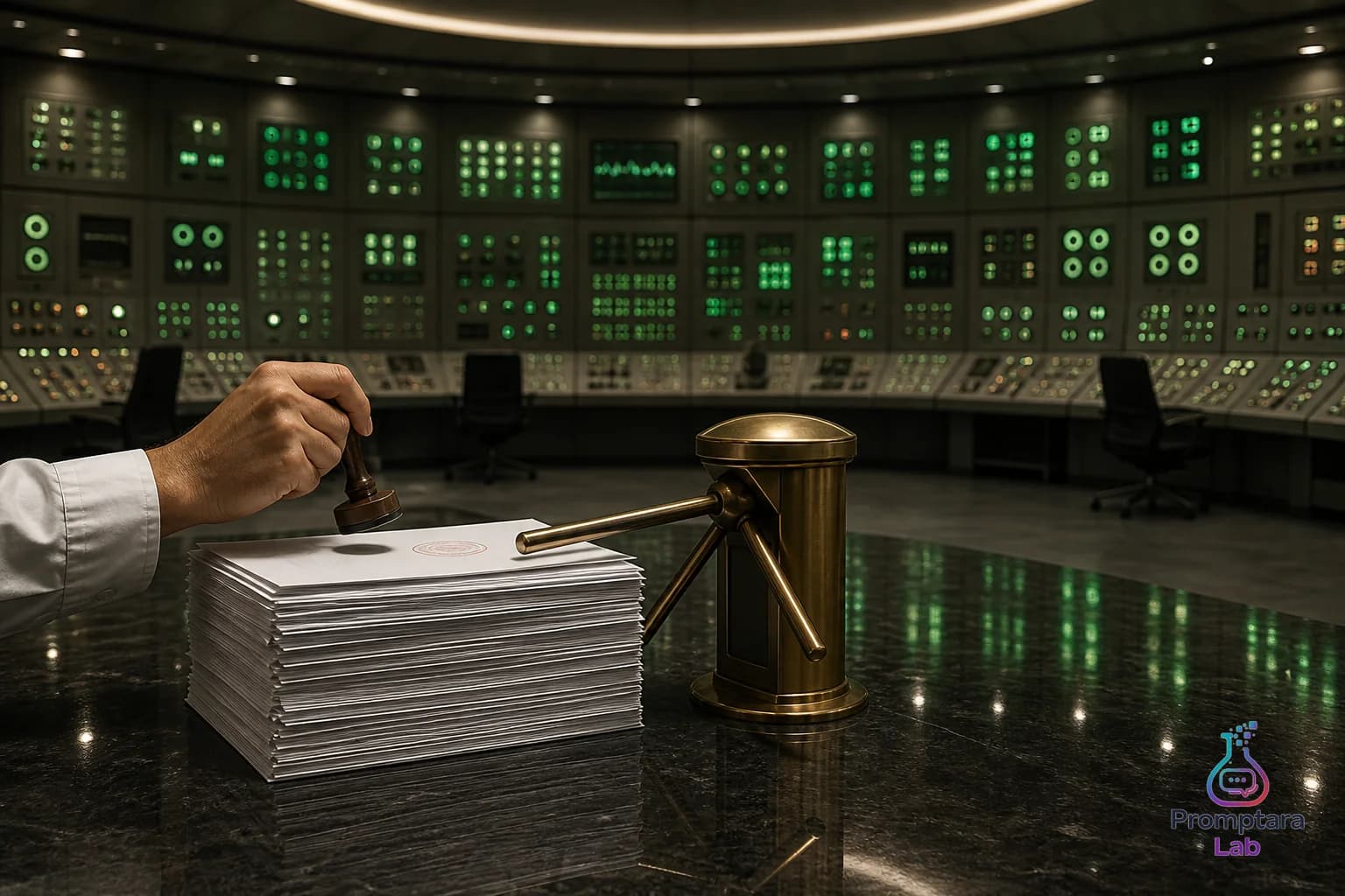 A polished control room full of green status lights with a tiny turnstile blocking a stack of papers