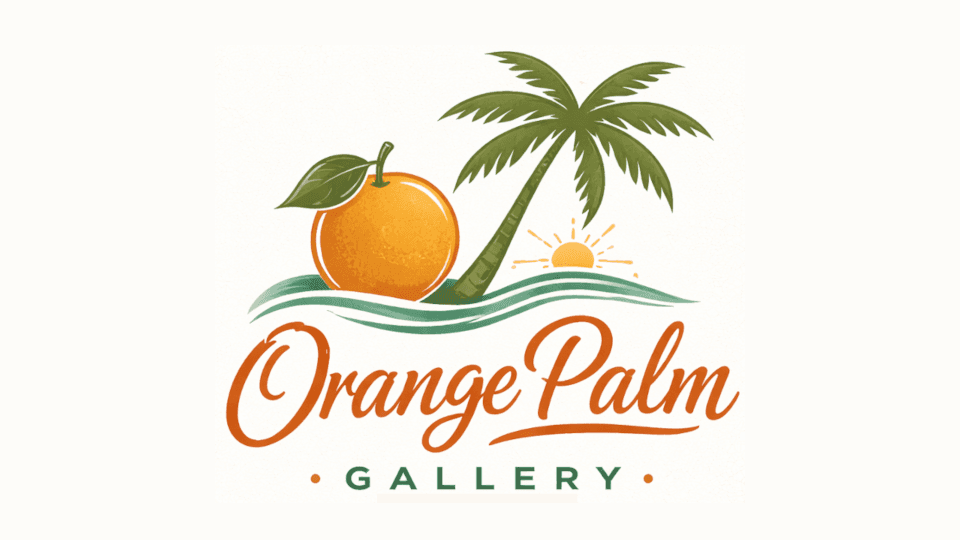Orange Palm Gallery logo with orange, palm tree, waves, and gallery wordmark.