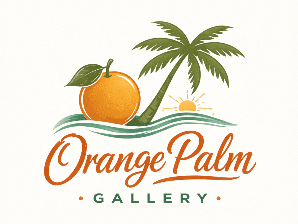 Orange Palm Gallery product hero artwork with coastal logo and gallery wordmark.