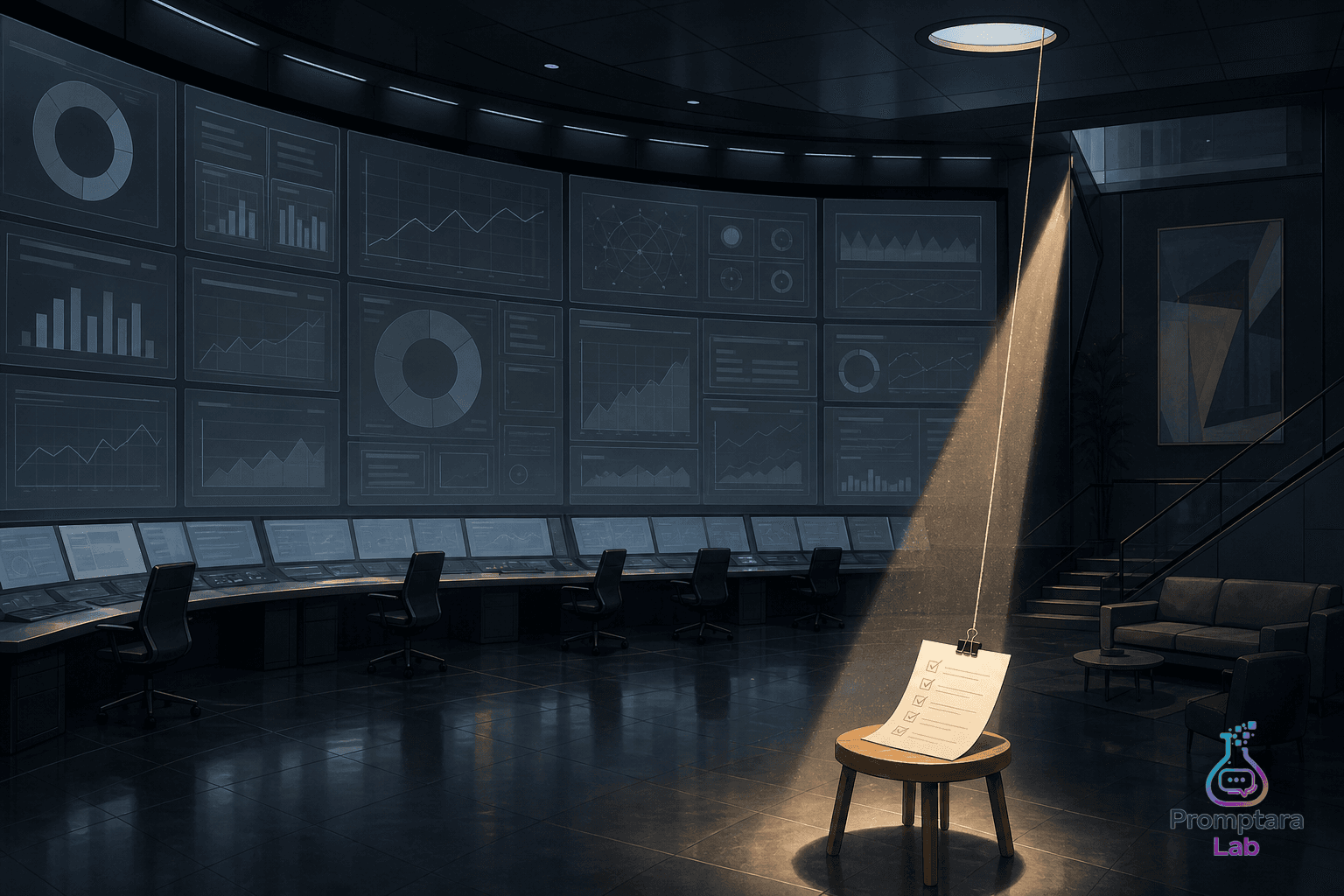 A glossy analytics control room ignored while a tiny paper checklist catches the useful signal