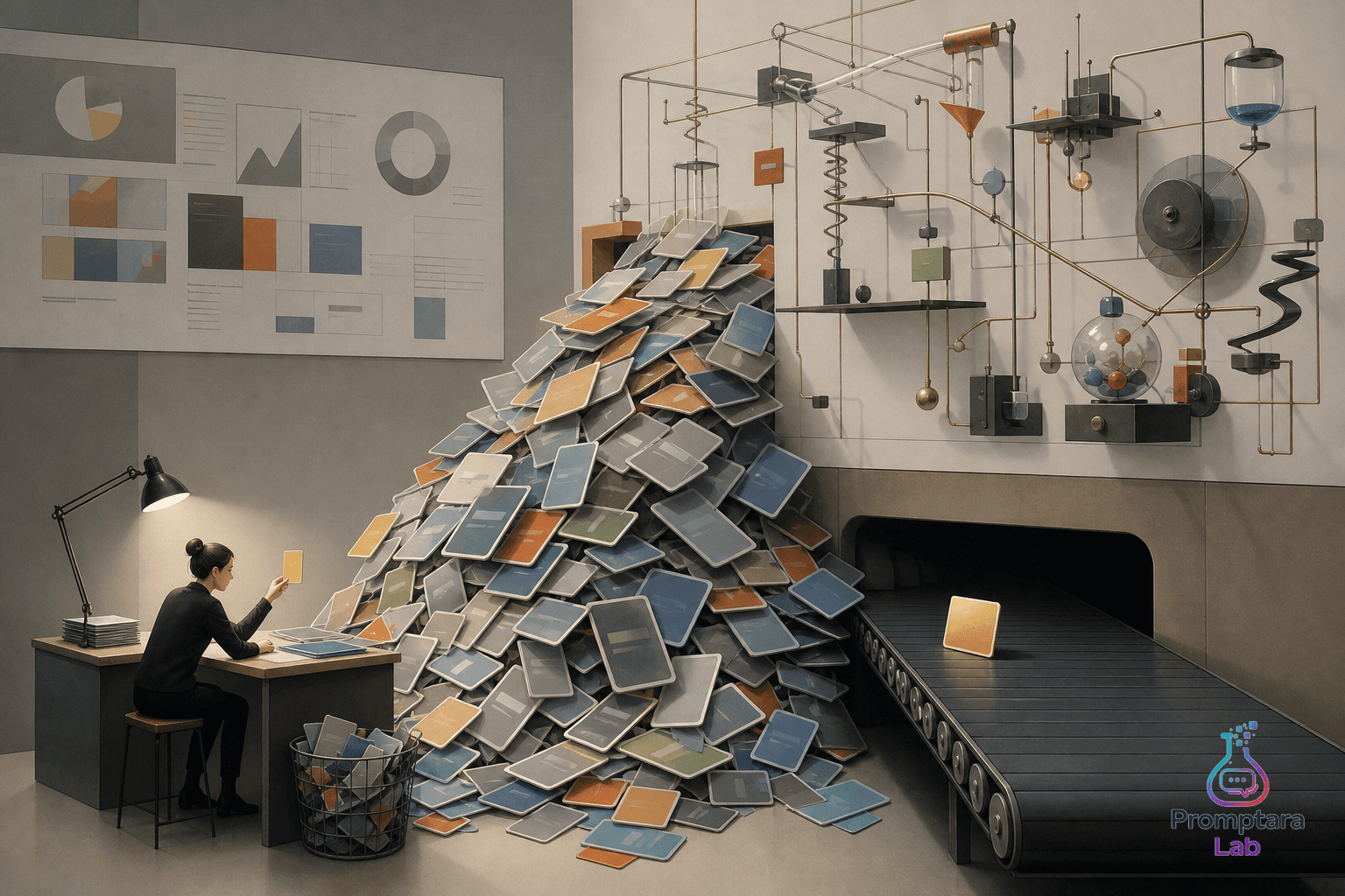 A tiny triage desk sorting a pile of oversized opportunity cards before they reach a work queue