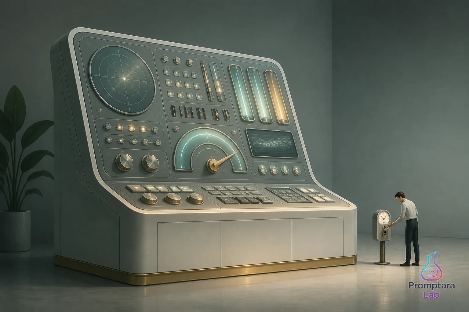 A tiny usage meter sitting beside an oversized polished automation console