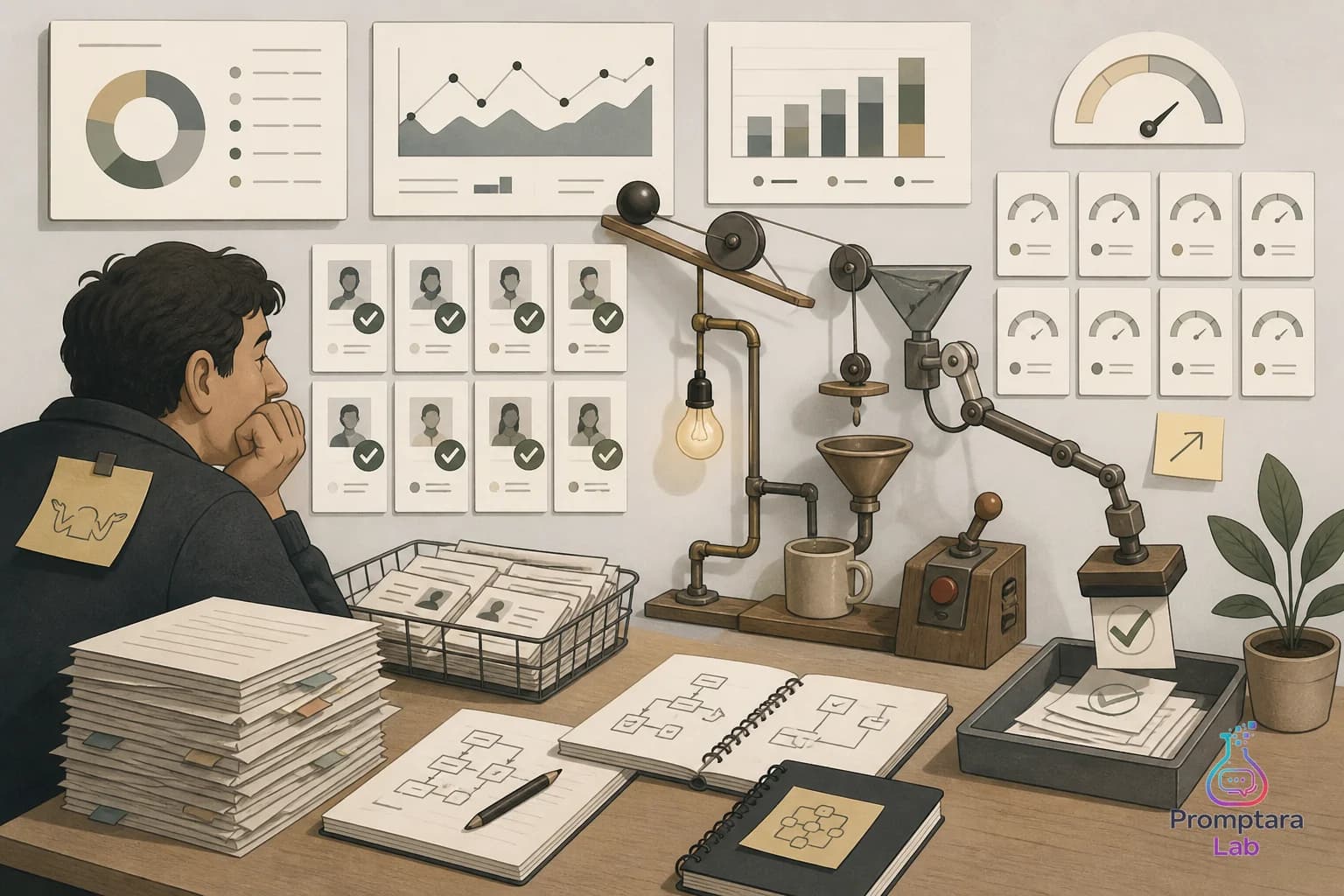 Minimal desk scene with small portfolio cards, usage meters, and review notes arranged in a clean grid