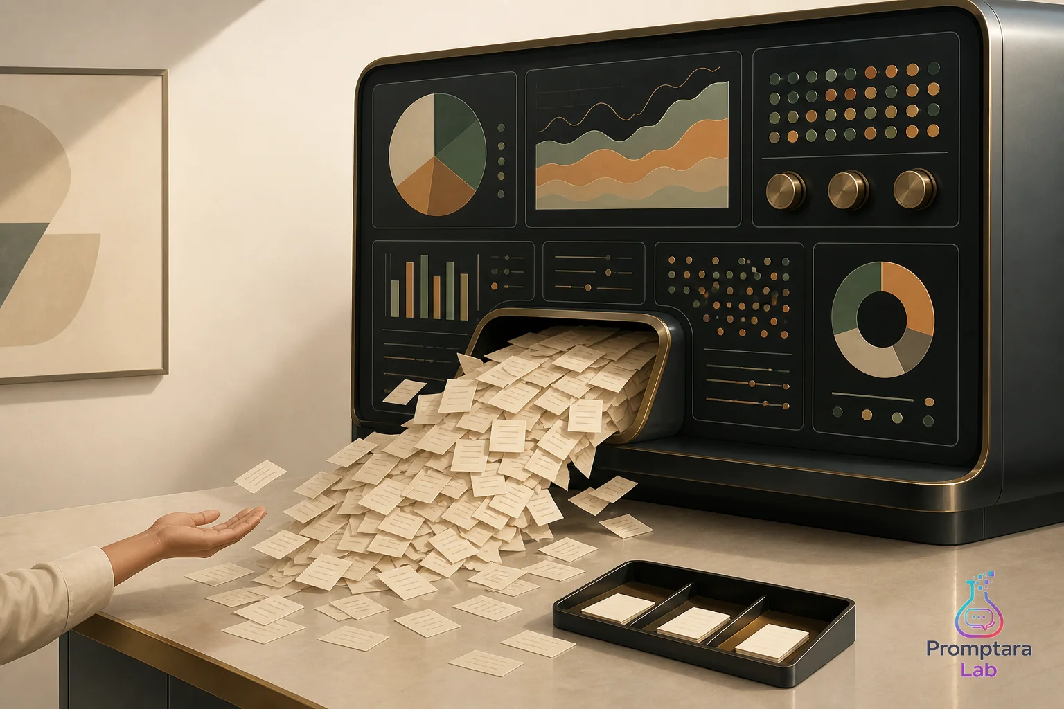 A tiny sorting tray separating a large pile of paper signals from a few accepted cards