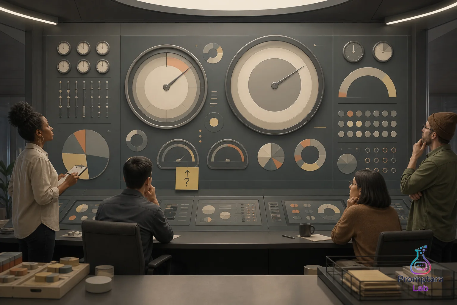 A polished control room dashboard displaying oversized ratios while a small handwritten note asks what the denominator means