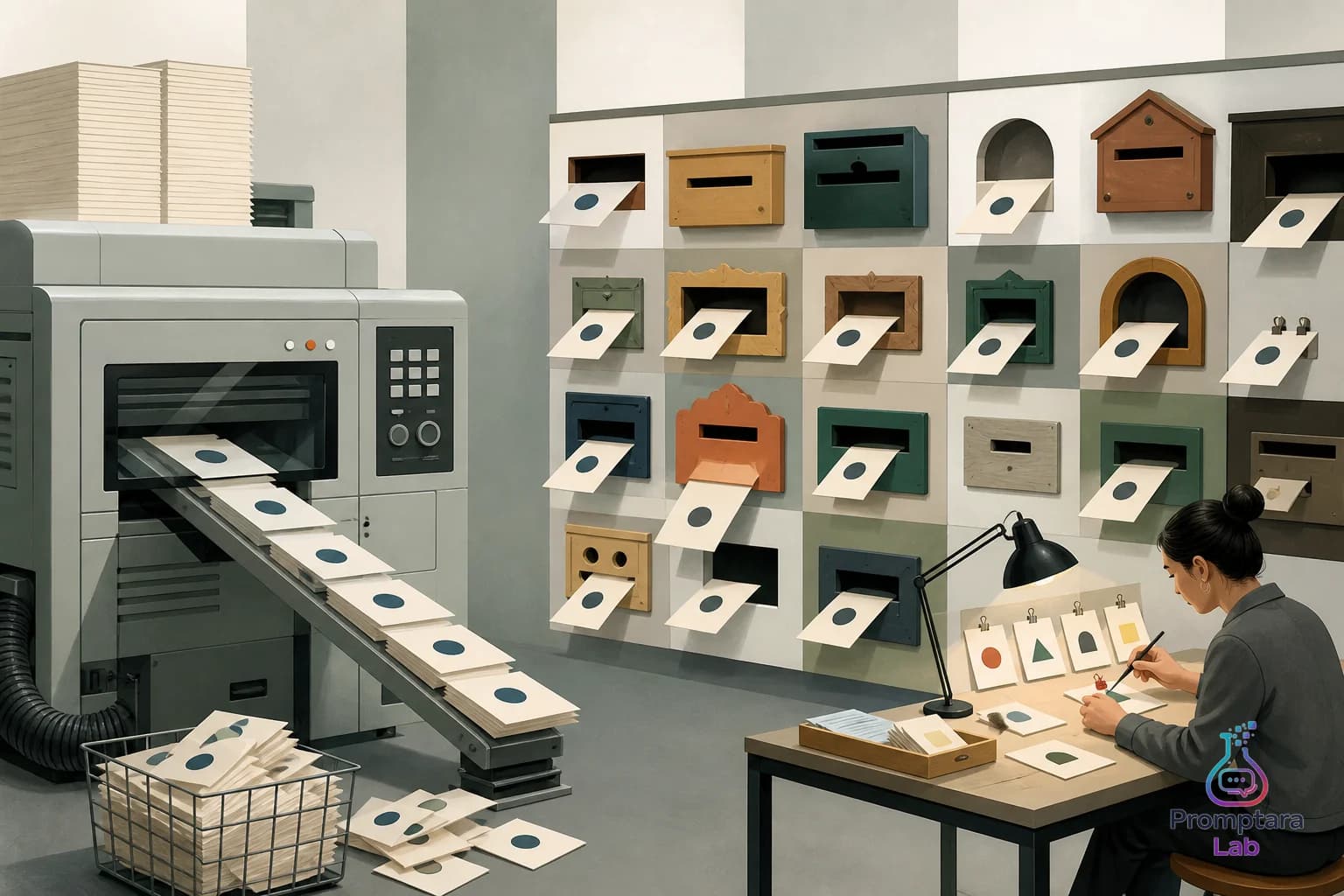 A polished control room where one tiny caption label is being translated by hand while a copy paste machine jams in the corner