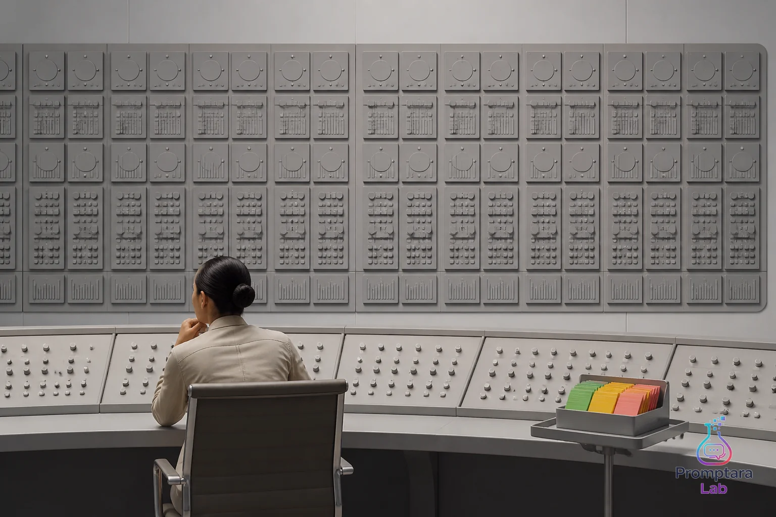 A tiny tray of fresh signal cards beside an oversized dashboard full of repeated counters