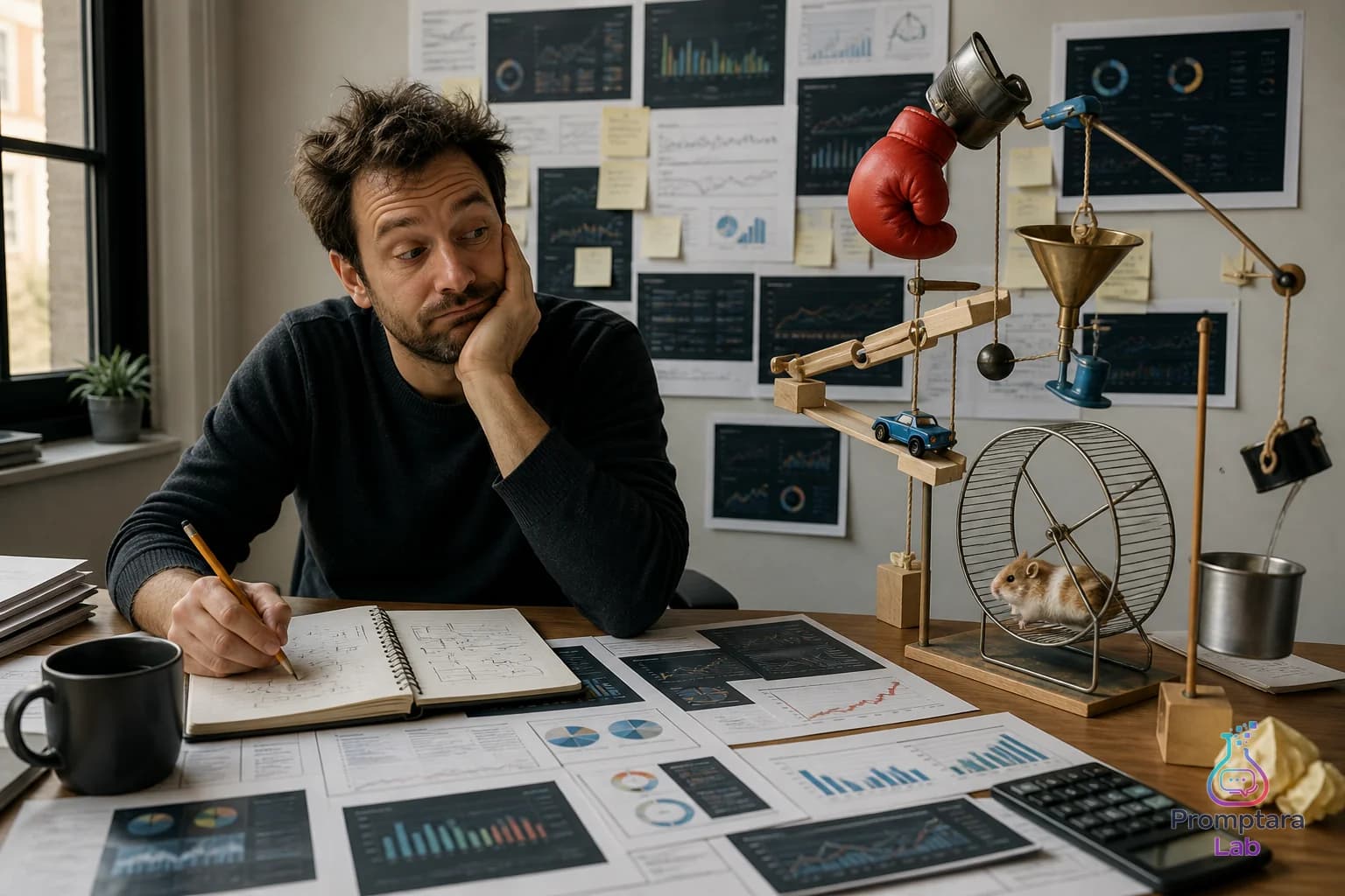 A quiet operator desk with printed telemetry sheets, a pencil, and a notebook tracking portfolio changes