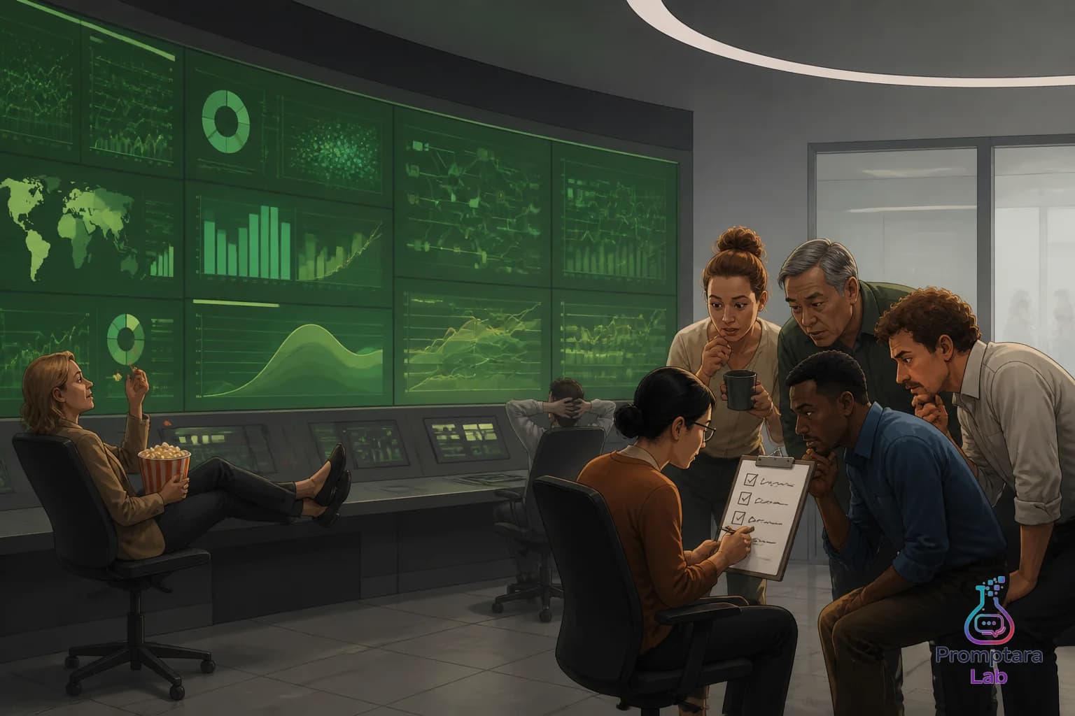 A polished dashboard room with one small priority checklist getting more attention than the giant green screens