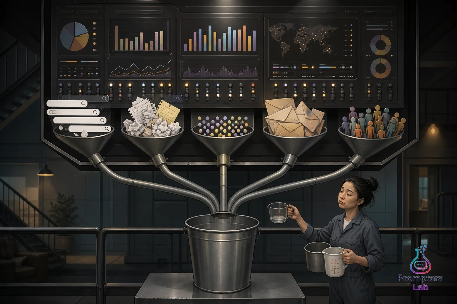 A polished control room dashboard feeding different evidence types into one identical bucket