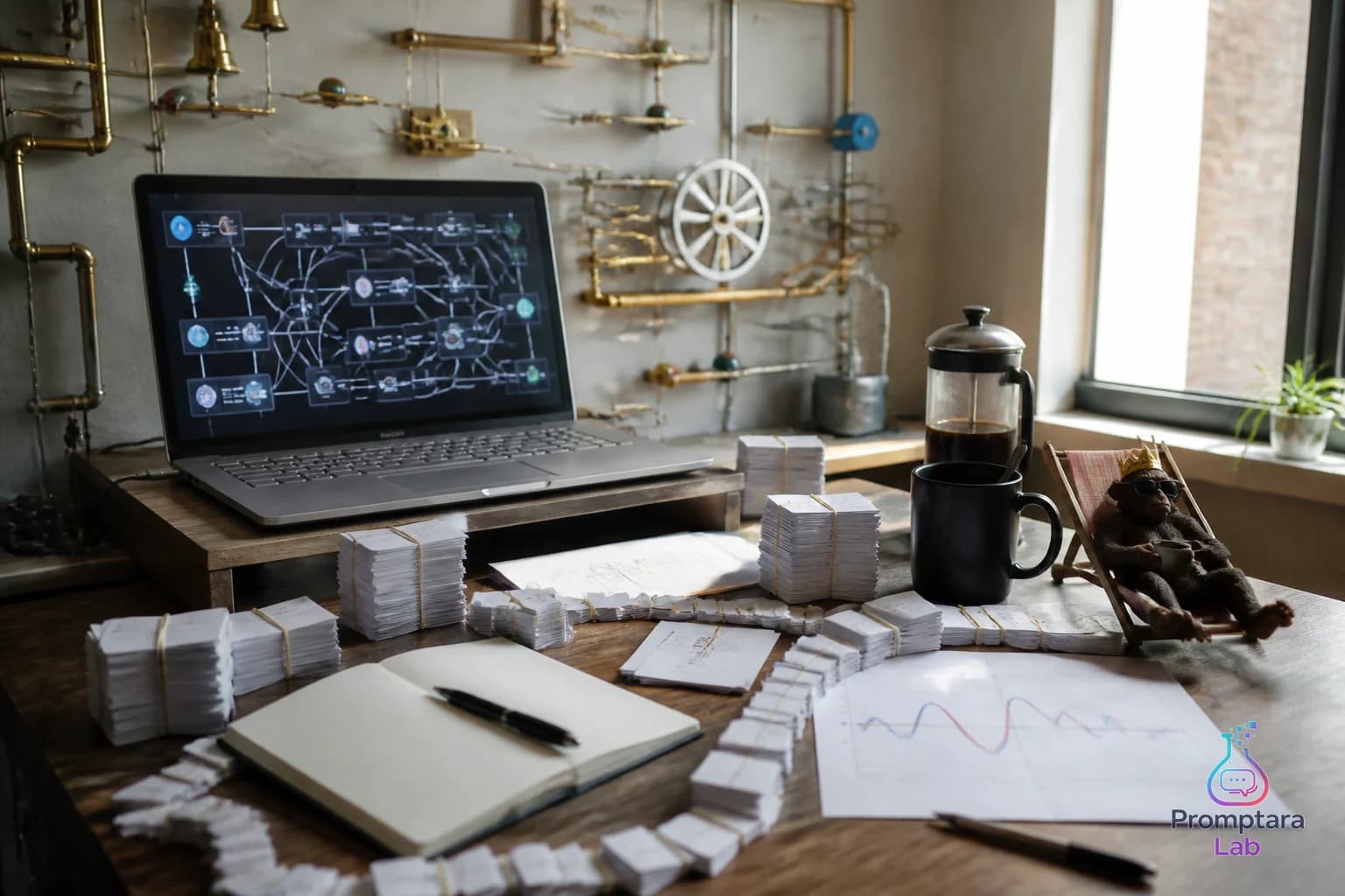 A quiet desk with a notebook, small stacks of index cards, and a simple traffic chart